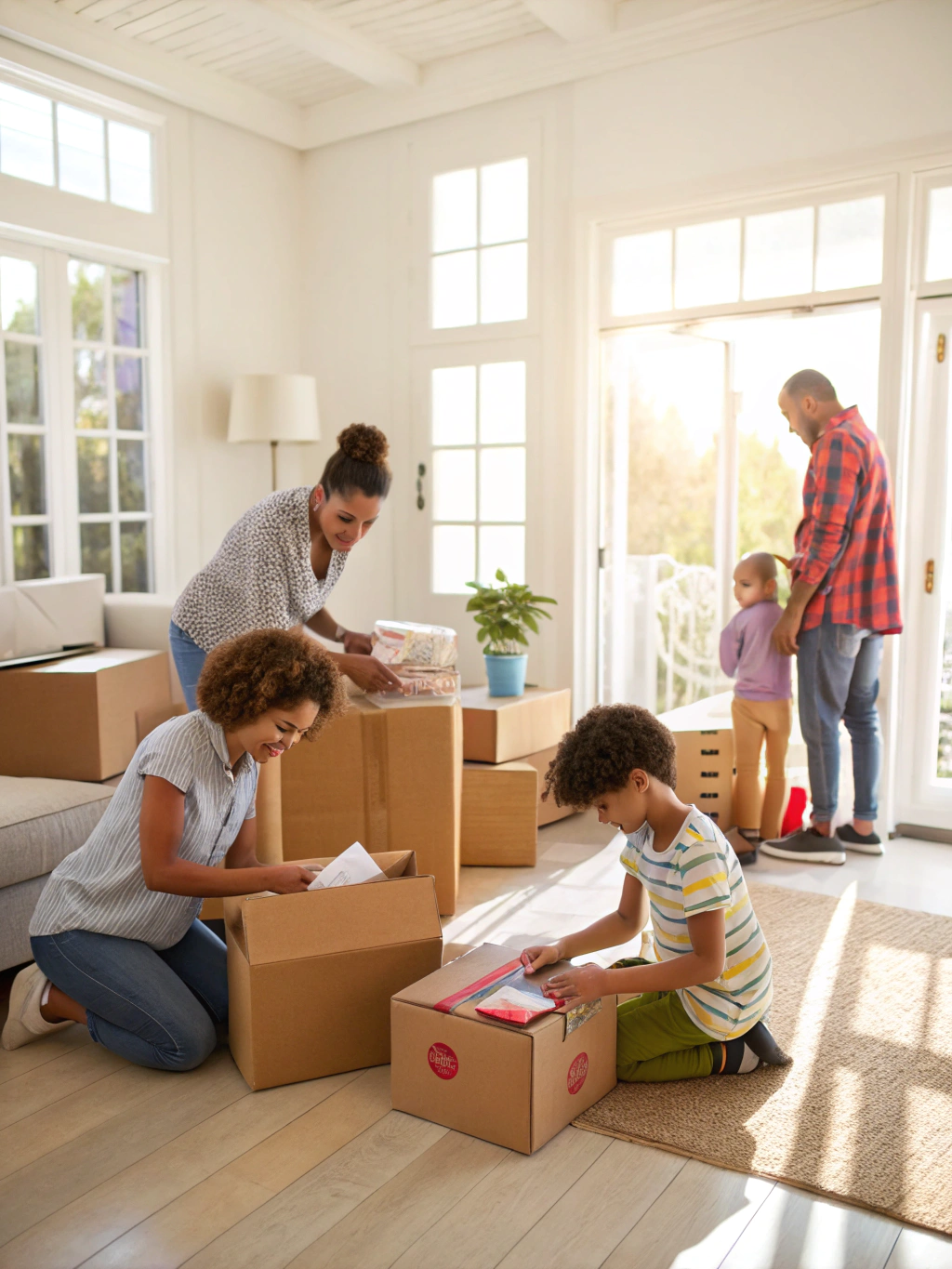A family surrounded by packed moving boxes in a bright living room, settling into a new home after a relocation