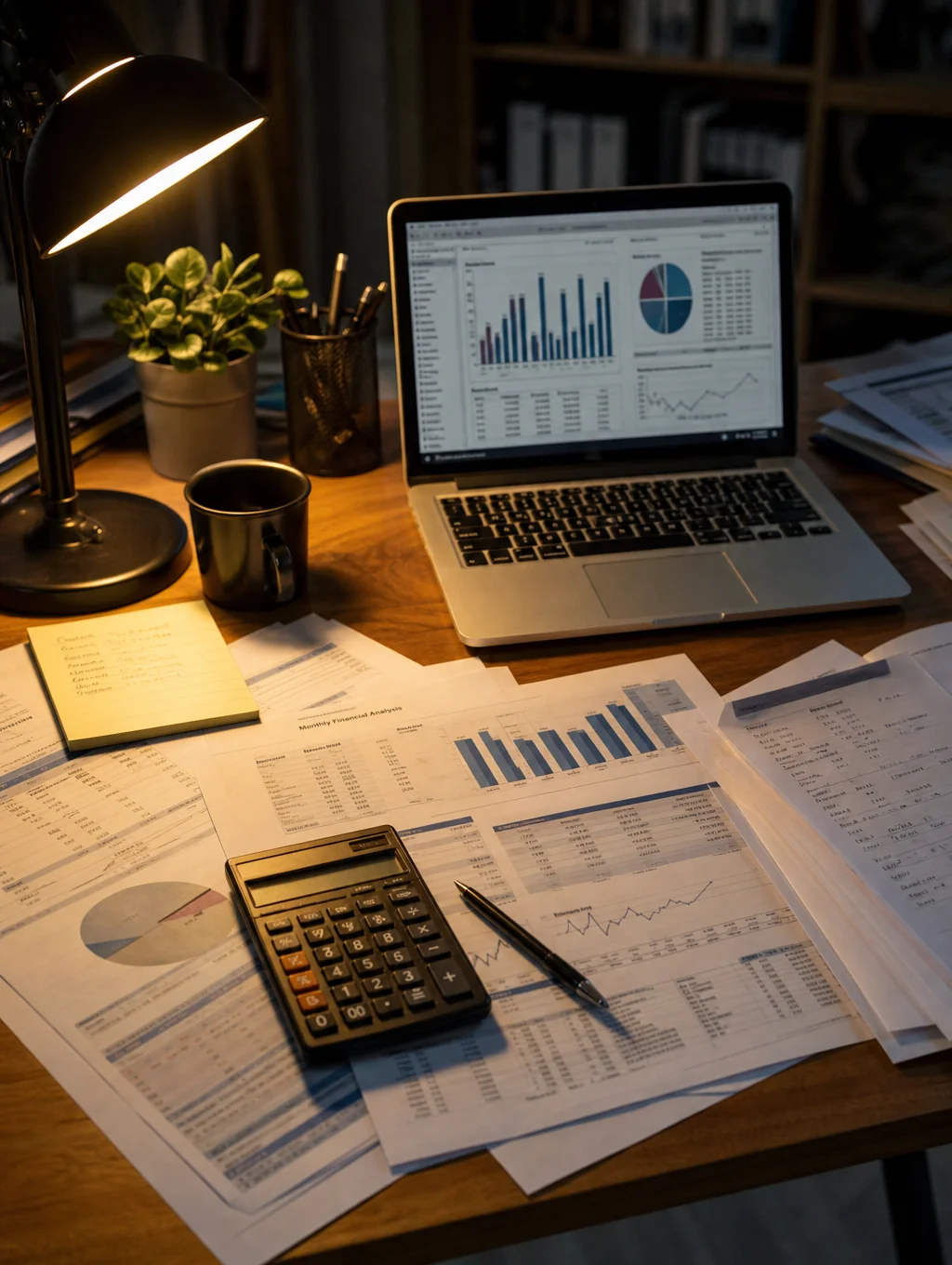 Desk with trust binders, a calculator and tax forms