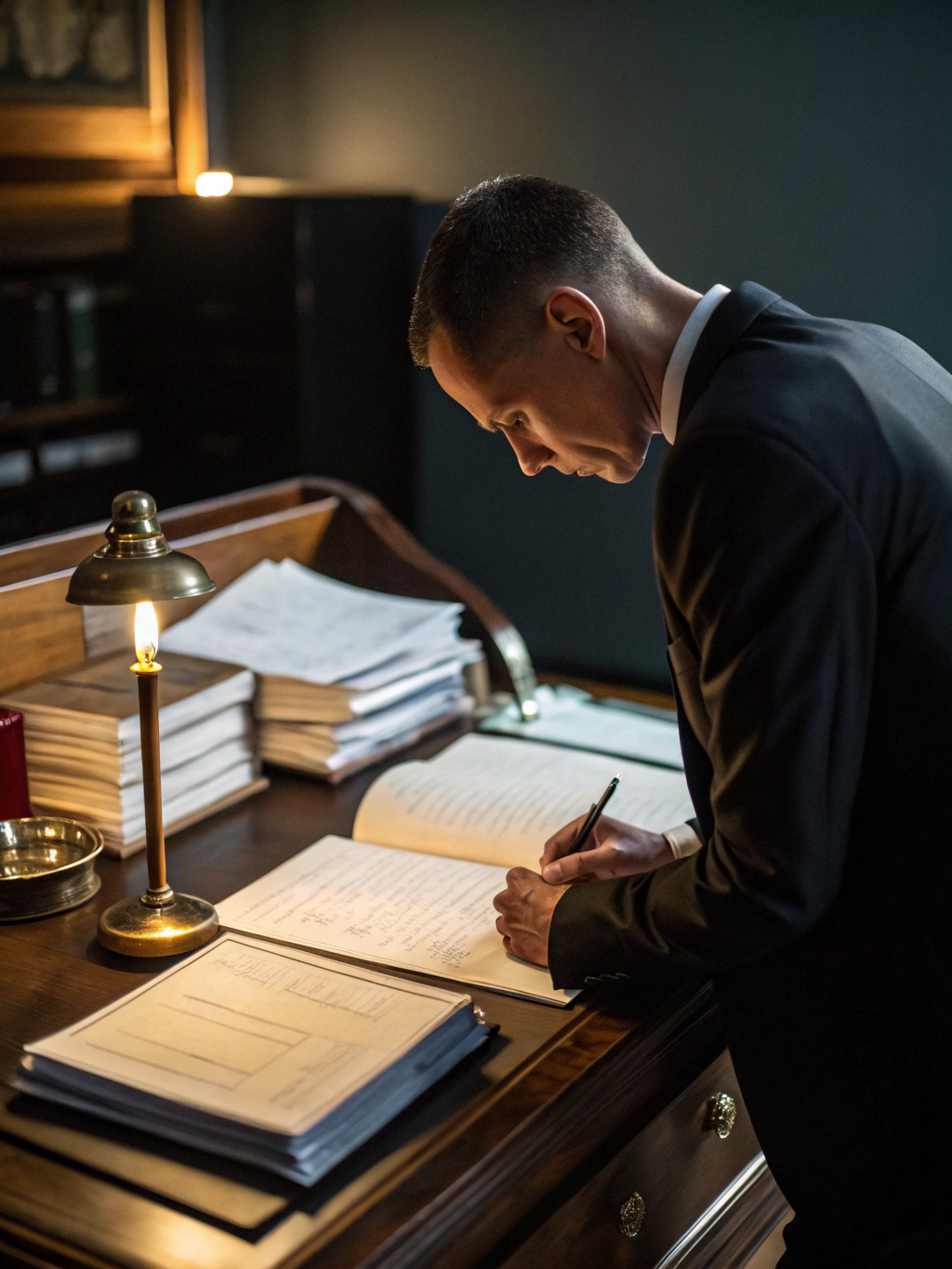 Executor and attorney reviewing probate documents at a desk
